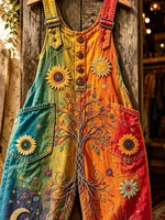 Women's Gradient Tree of Life Sunflower Moon Star Print Rainbow Overall Pants