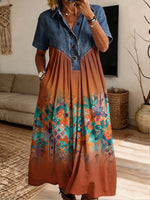 Women’s Denim Spliced Gradient Tropical Floral Midi Shirt Dress With Pockets