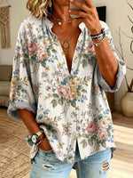 Vintage Floral Pattern Art Print Casual Long Sleeve Cotton Linen Shirt