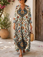 Retro Ethnic Floral Pattern Art Print Casual V-neck Long Sleeve Cotton Linen Maxi Dress