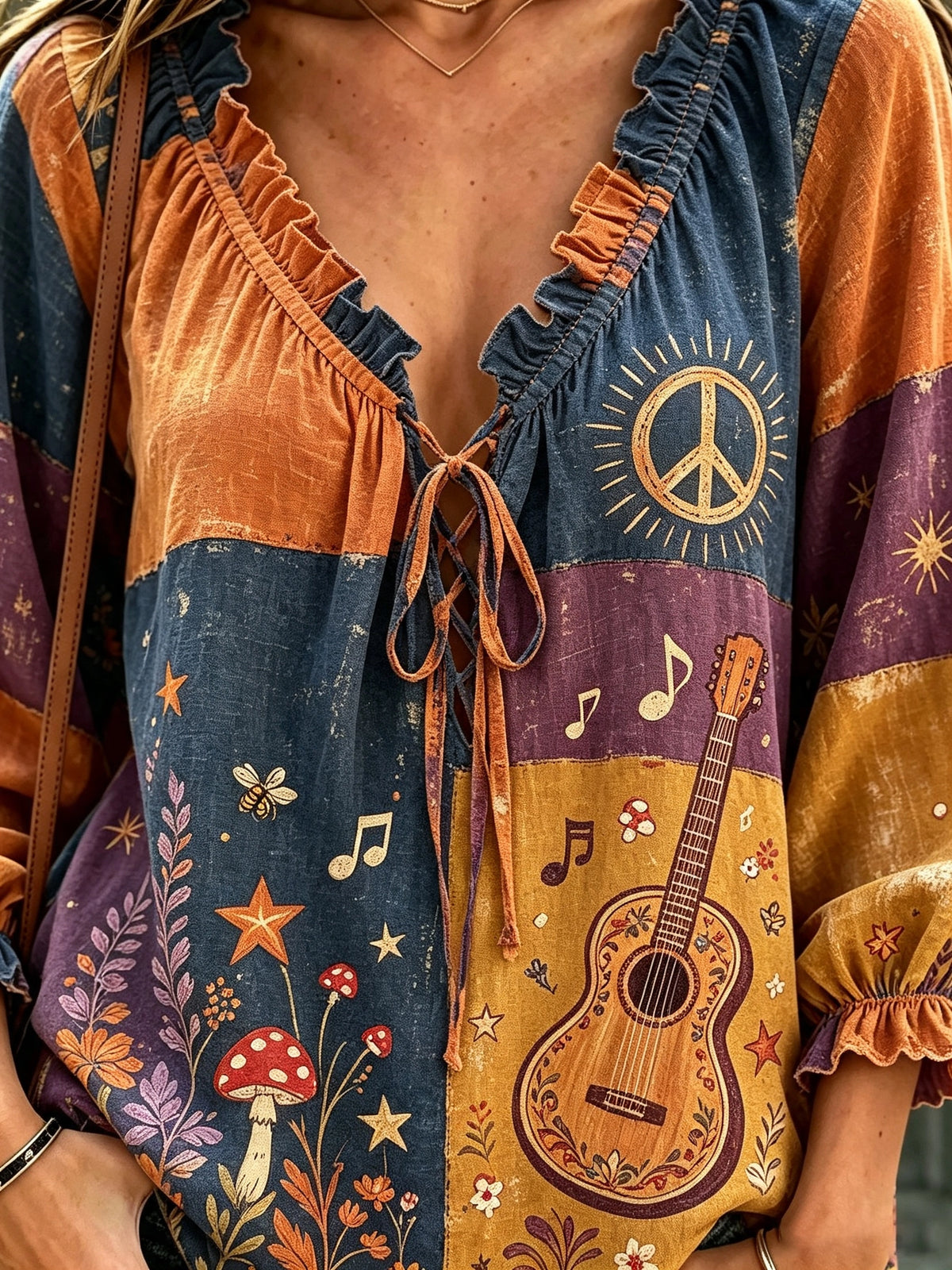 Women's Guitar Peace Patchwork Print Tie-Neck Blouse