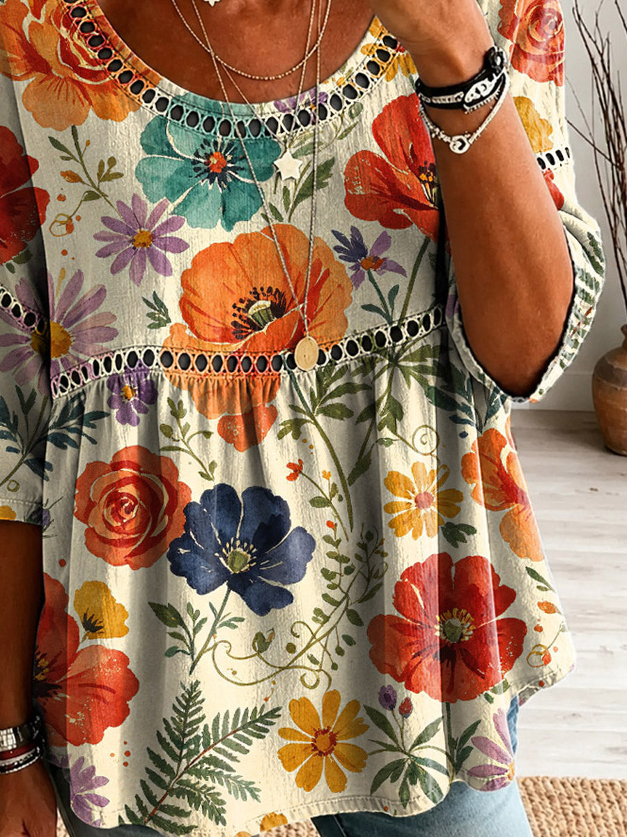 Women's Floral Pattern Art Print Casual Hollow Short Sleeve Linen Shirt