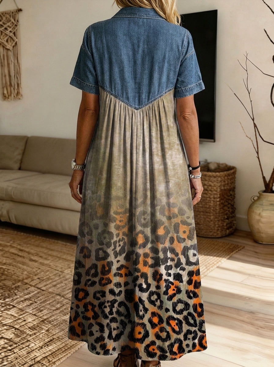Women’s Denim Spliced Gradient Leopard Print Loose Midi Dress With Pockets