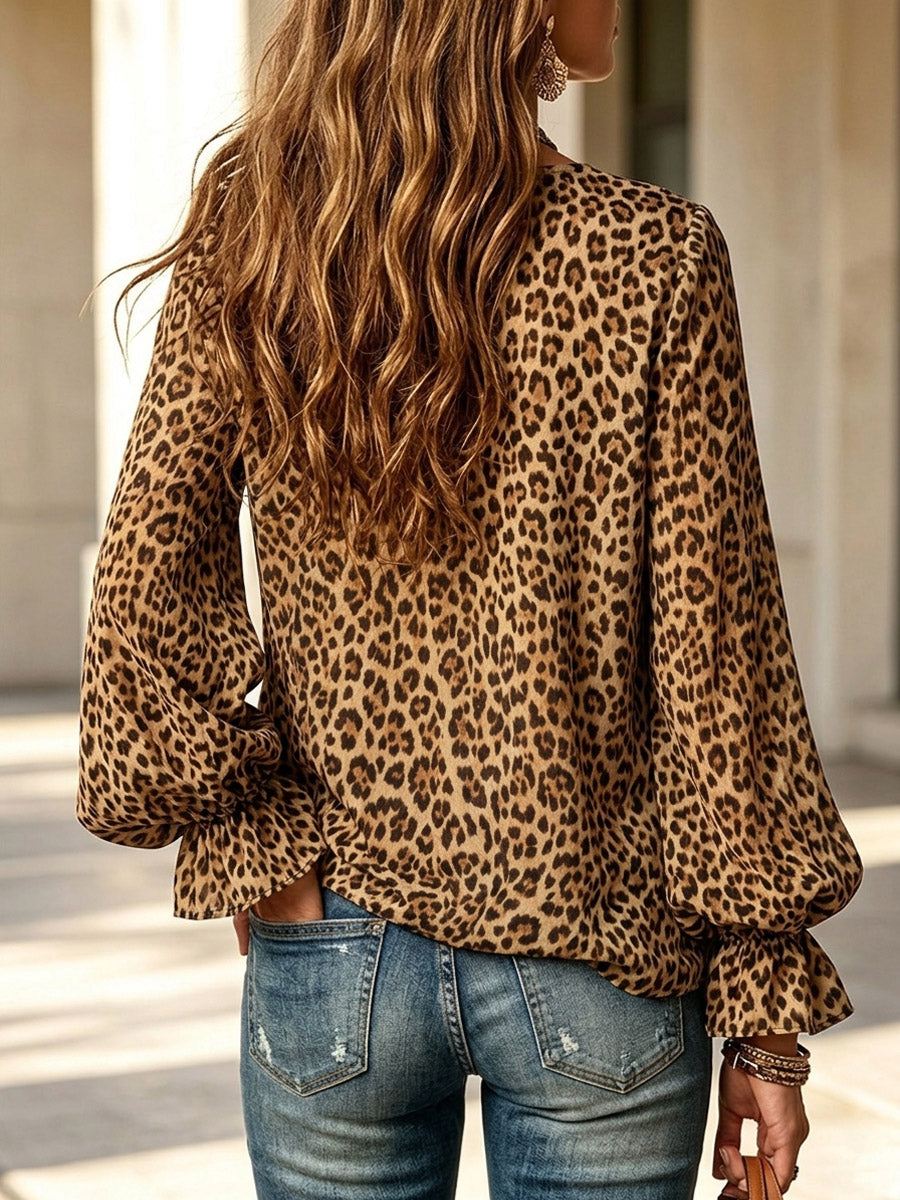 Retro Fashion Leopard Pattern Ruffle Art Stylish Long Sleeve Shirt