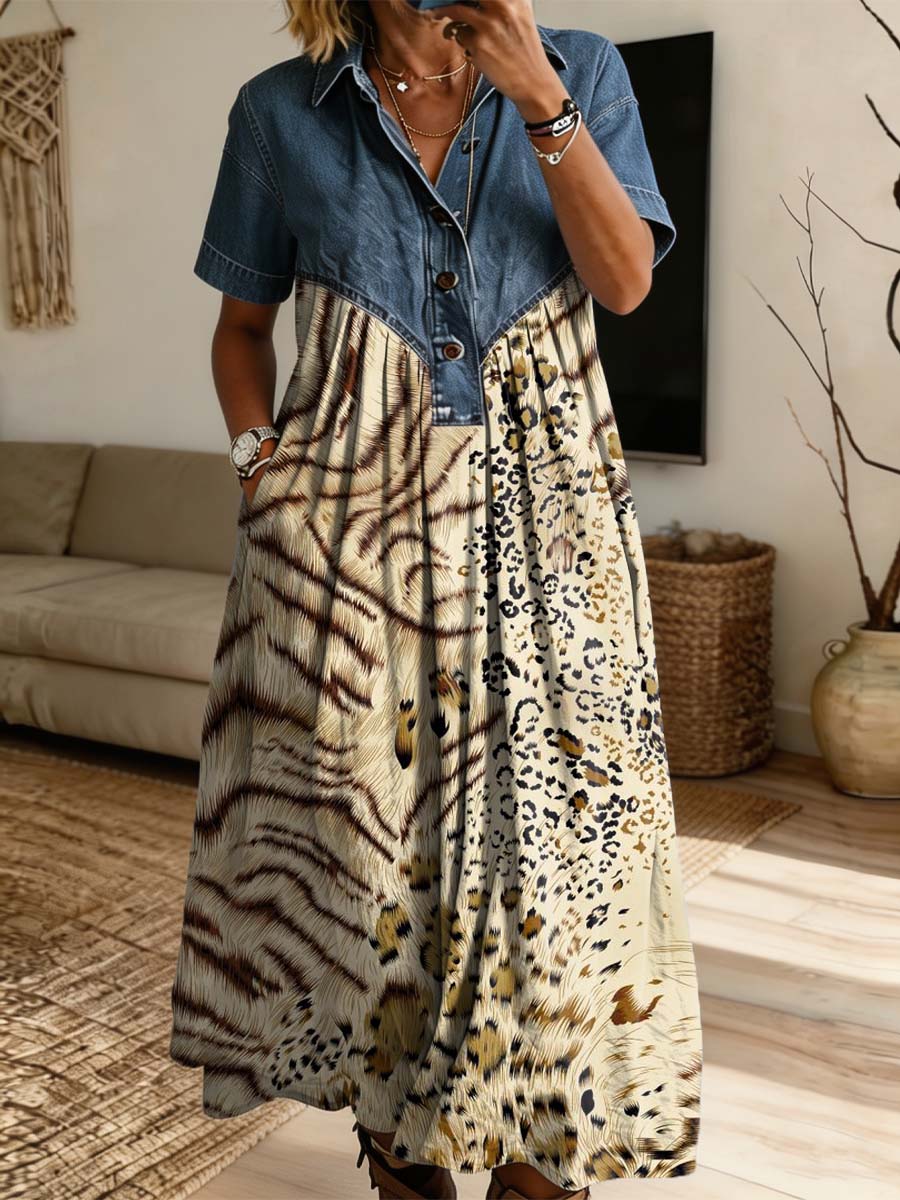 Retro Leopard Pattern Art Print Casual Stylish Lapel Denim Patchwork Dress
