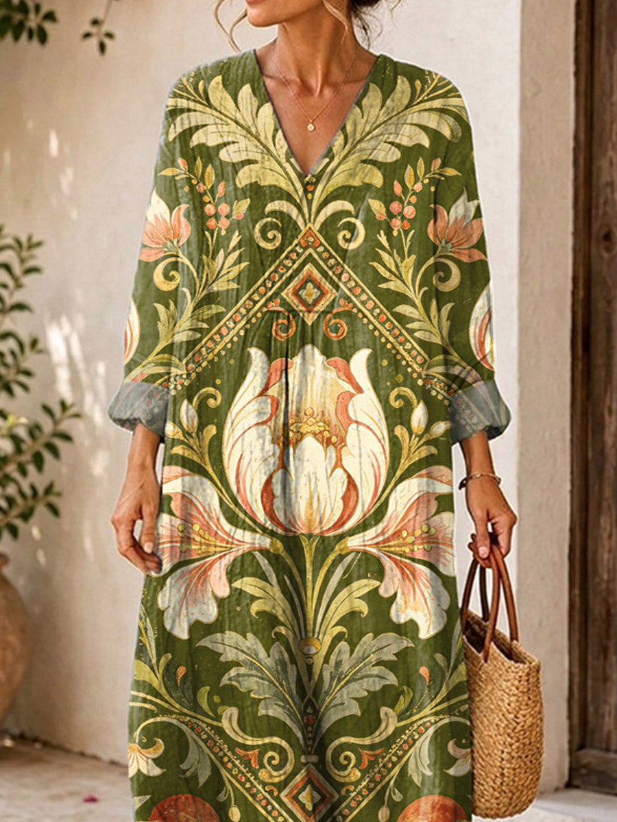 Retro Floral Pattern Art Print Casual V-neck Long Sleeve Cotton Linen Maxi Dress
