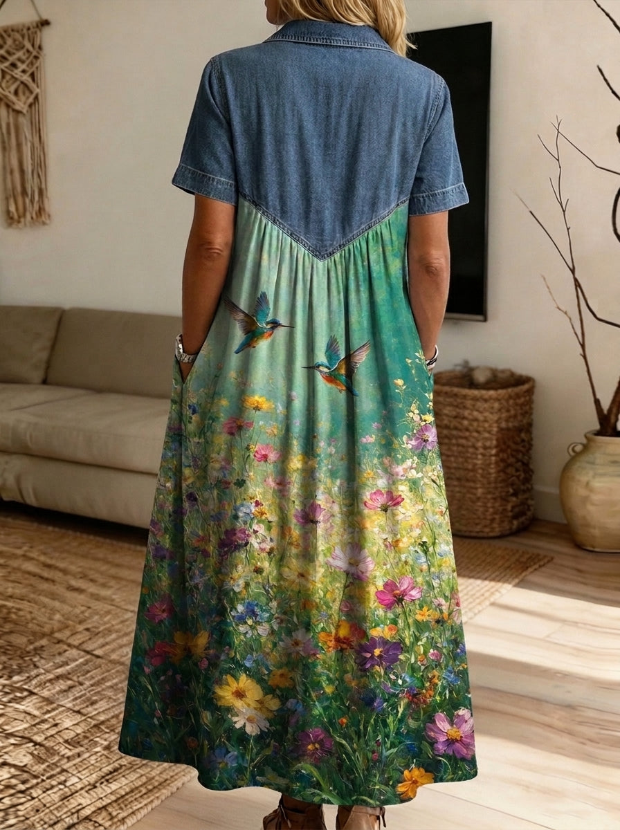 Women’s Denim Spliced Wildflower Hummingbird Print Shirt Midi Dress With Pockets