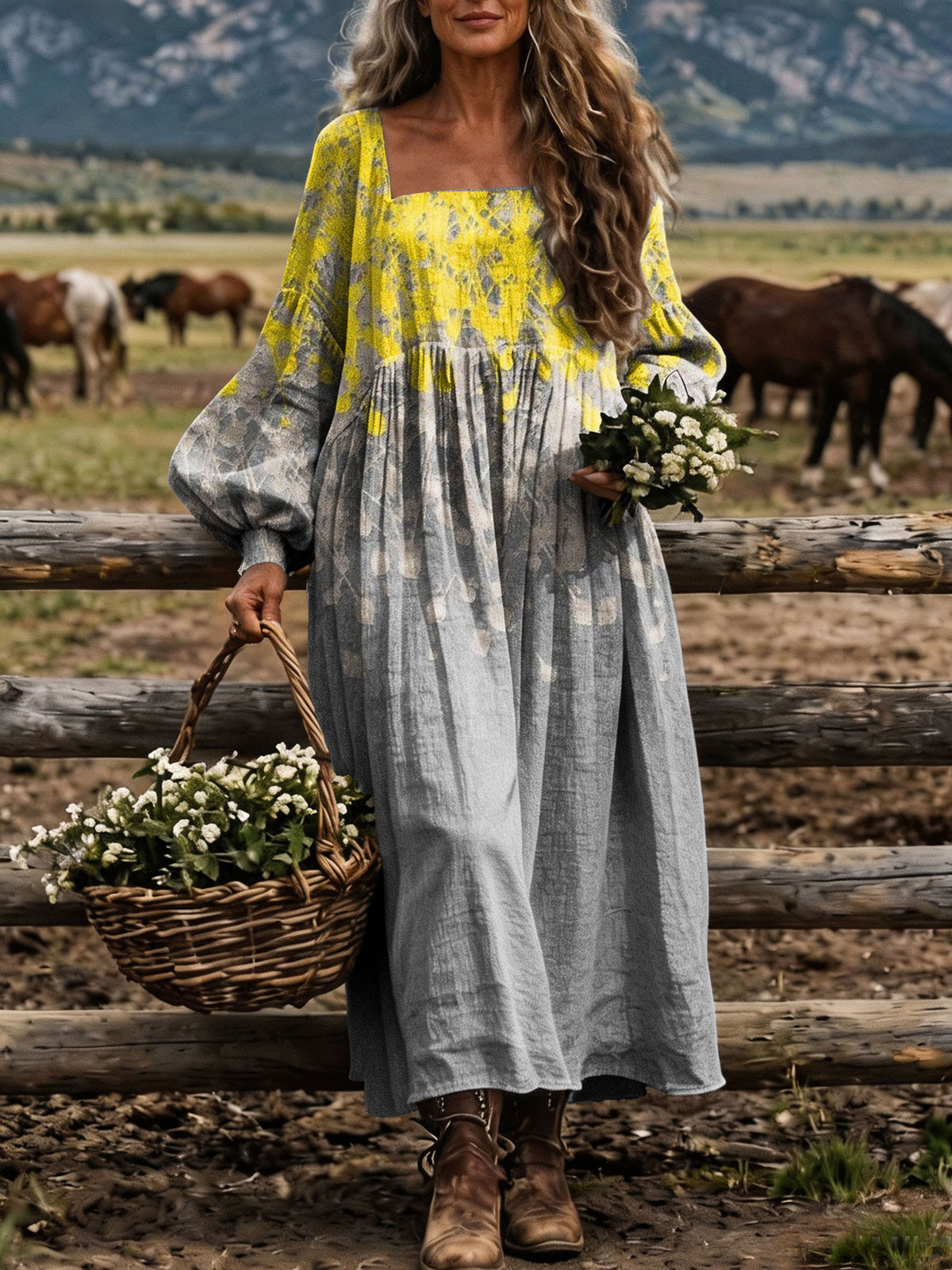 Women‘sGradient Yellow Floral Square Neck Balloon Sleeve Boho Midi Dress