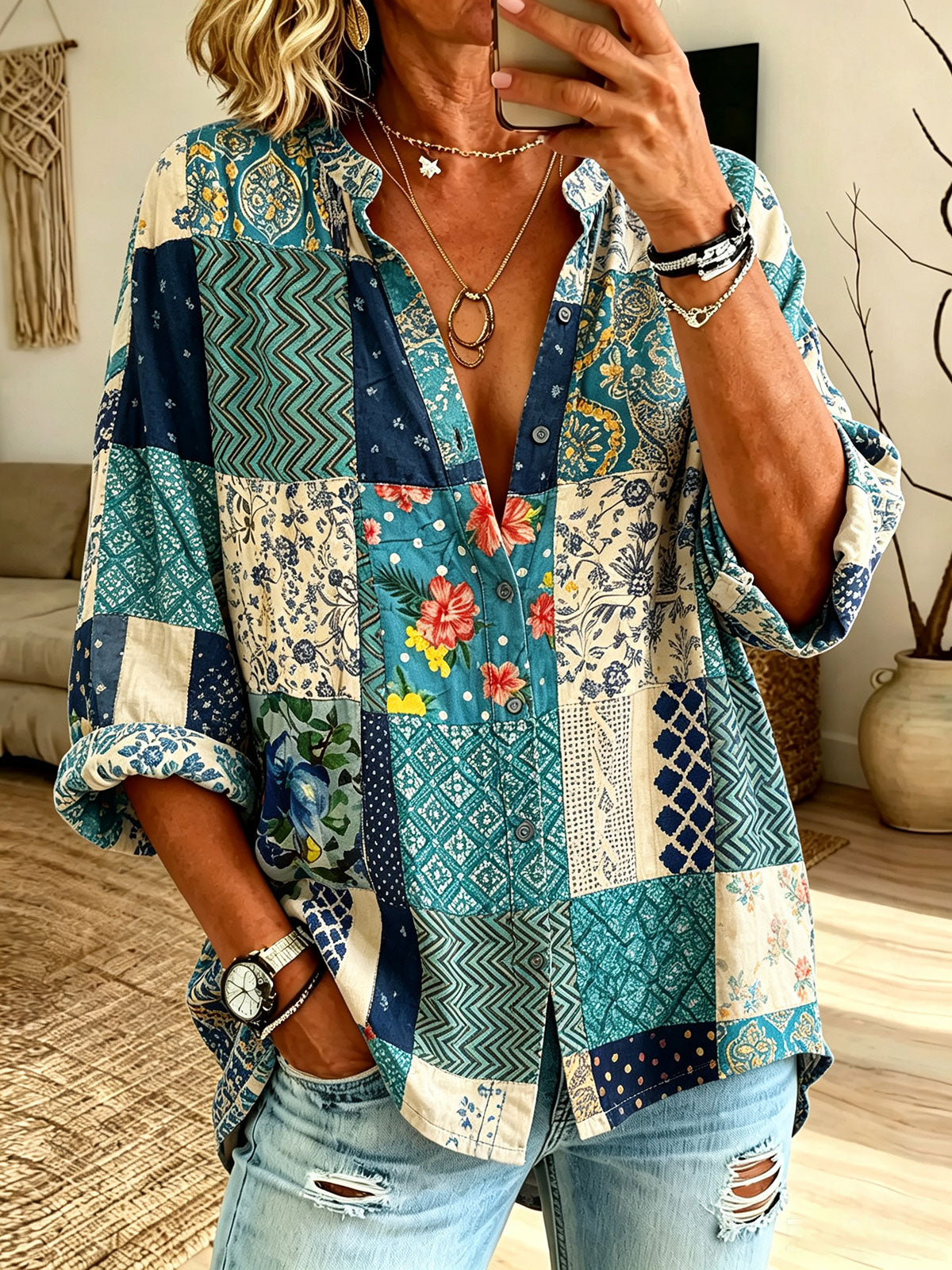 Women’s Blue Tone Patchwork Floral Geometric Print Ruffle Collar Loose Button Down Blouse