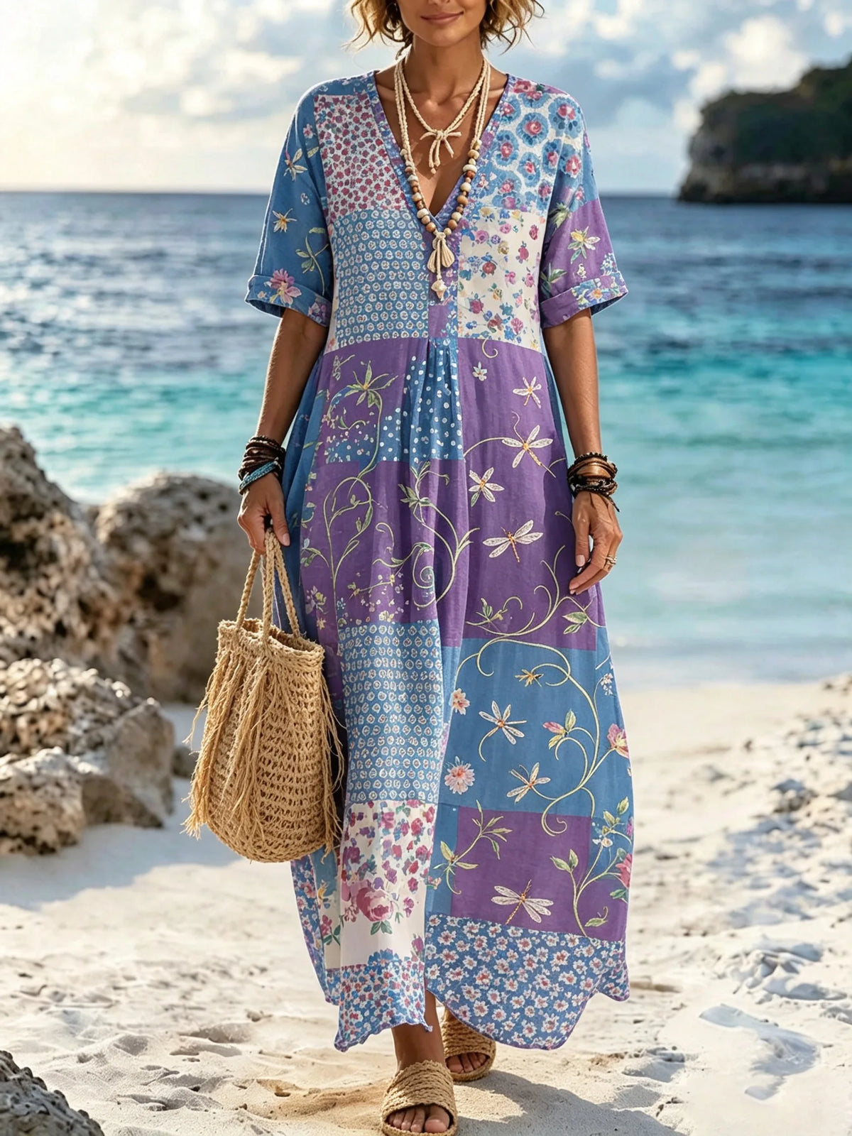 Women Purple Blue Patchwork Dragonfly Tiny Floral Print Maxi Dress