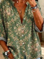 Vintage Floral Pattern Art Print Casual Long Sleeve Cotton Linen Shirt