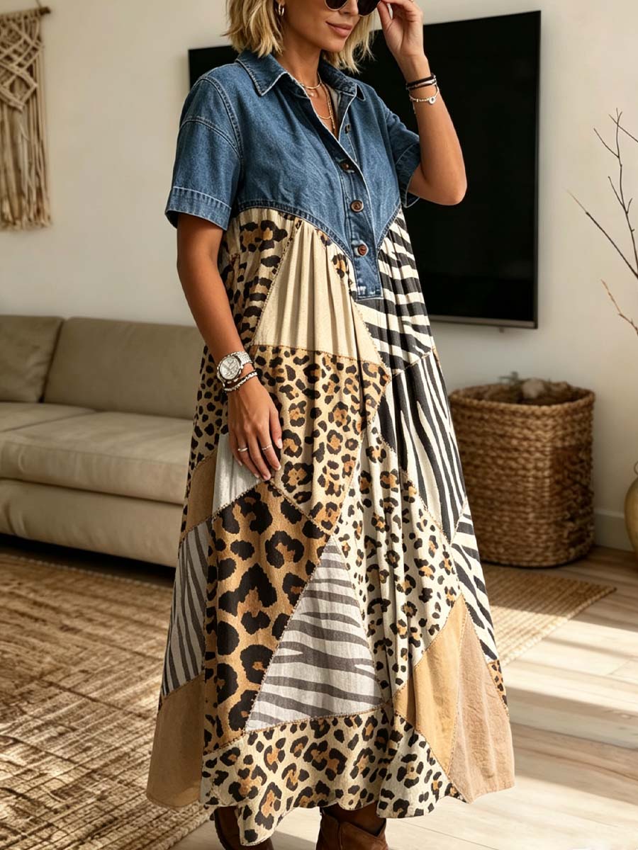 Retro Leopard Pattern Art Print Casual Stylish Lapel Denim Patchwork Dress