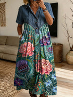 Vintage Floral Pattern Art Print Casual Stylish Lapel Denim Patchwork Dress