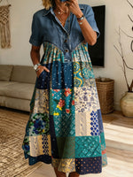 Women’s Denim Collar Boho Patchwork Spliced Midi Shirt Dress