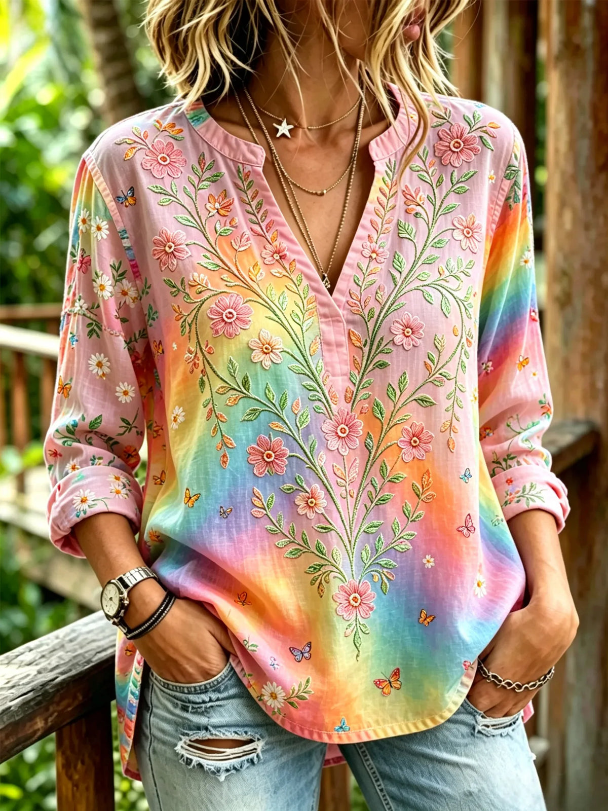 Women's Rainbow Gradient Floral Butterfly Embroidery V-Neck 3/4 Sleeve Top