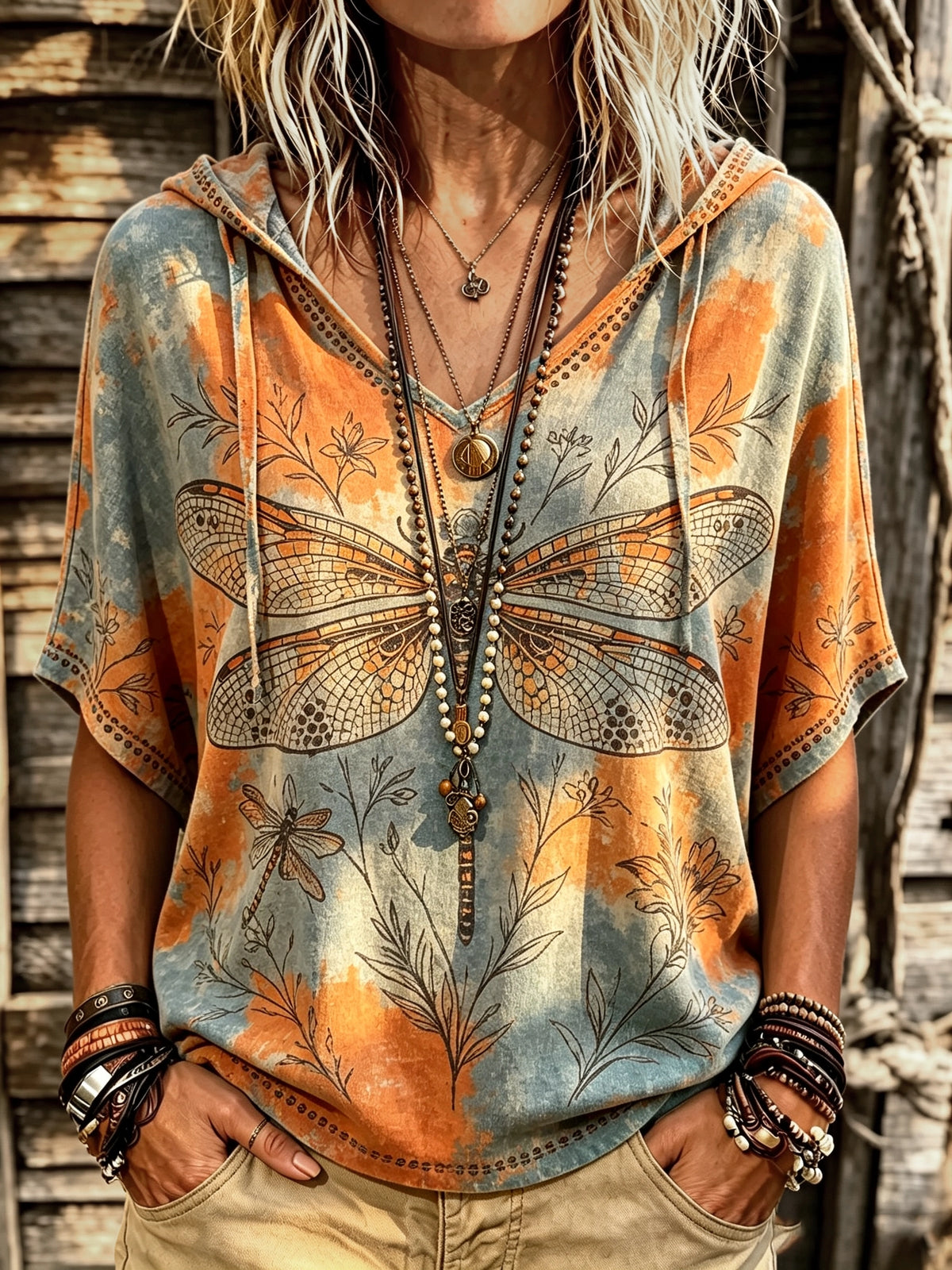 Women's Dragonfly Botanical Print Short Sleeve Top