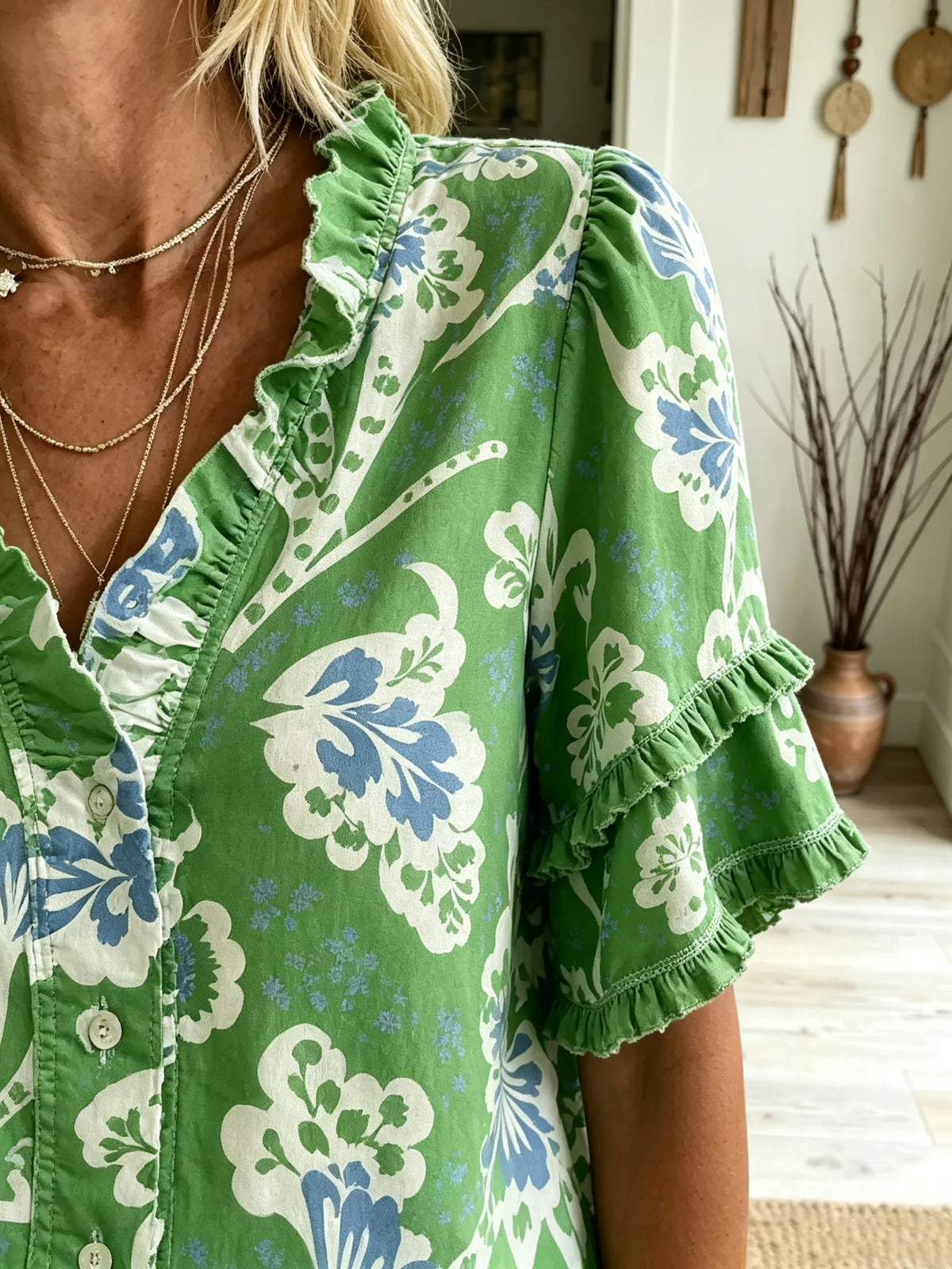 Women's Green Vintage Floral Print Ruffle Short Sleeve Blouse
