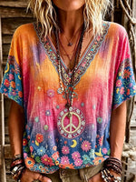 Women's Sunset Gradient Moon Star Daisy Peace Totem Print V-Neck Short Sleeve Vacation Top