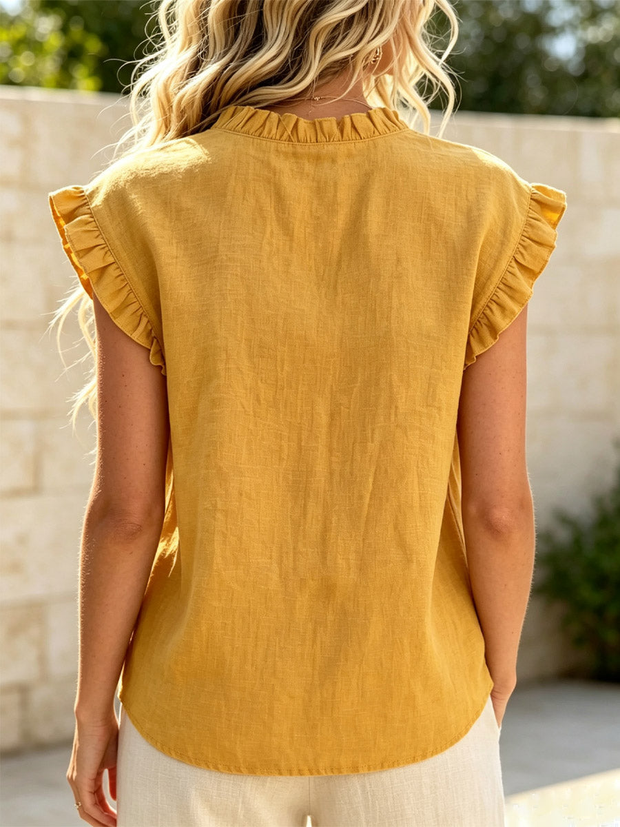 Women's Solid Color Ruffle Art Short Sleeve Cotton And Linen Shirt