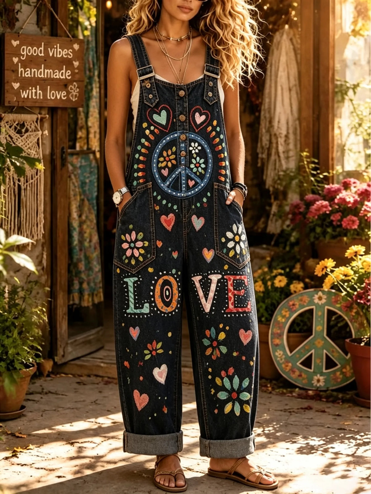 Women's Heart Floral LOVE Letter Print Denim Overall Pants
