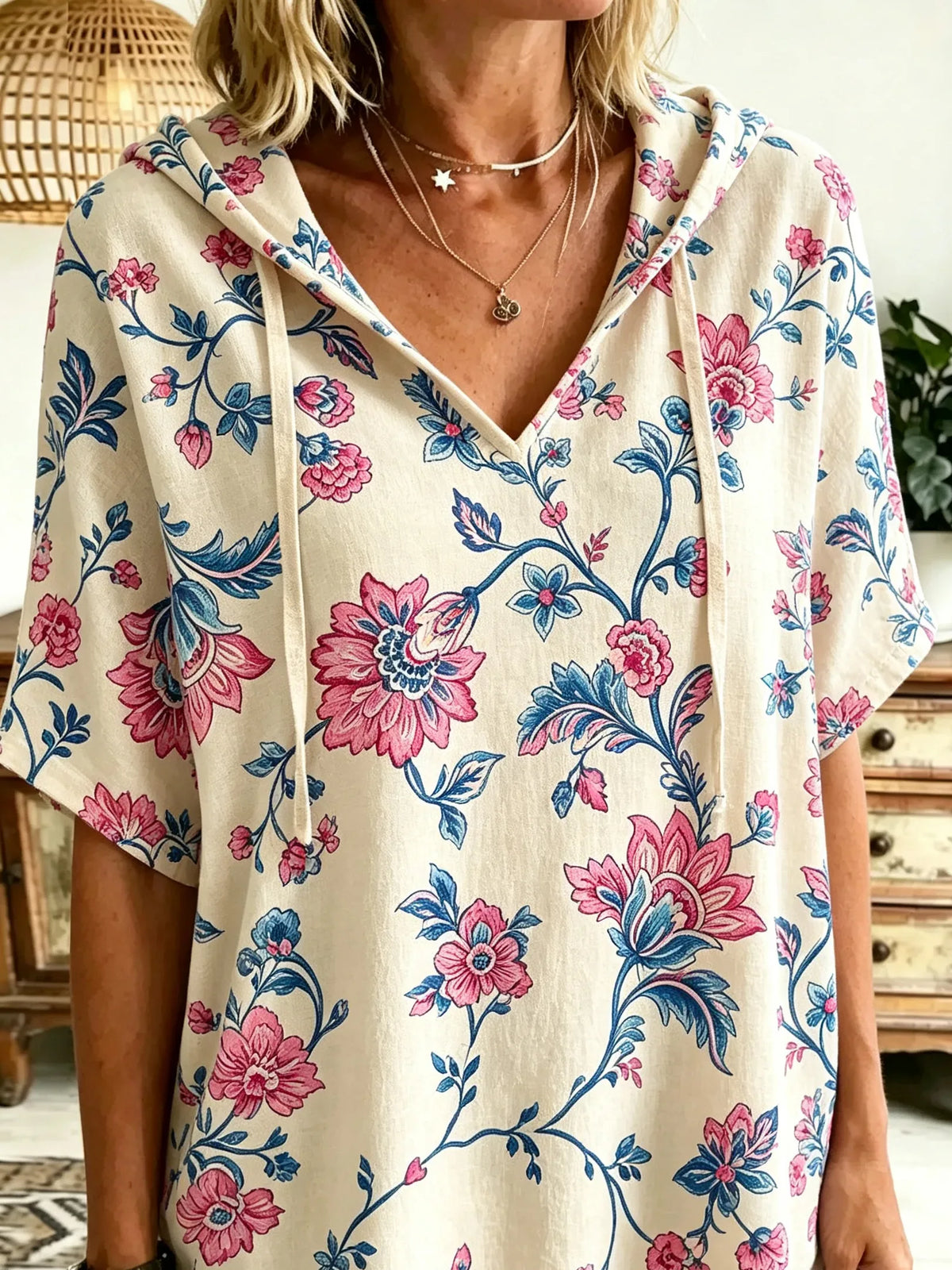 Women Vintage Large Floral Art Print Hooded Short Sleeve Top