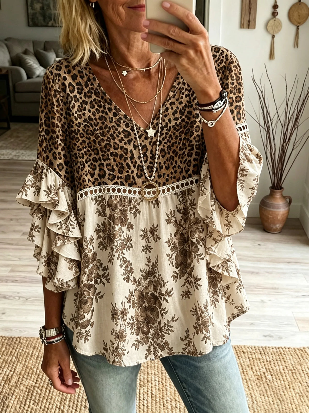 Women’s Leopard Floral Patchwork Ruffle Top