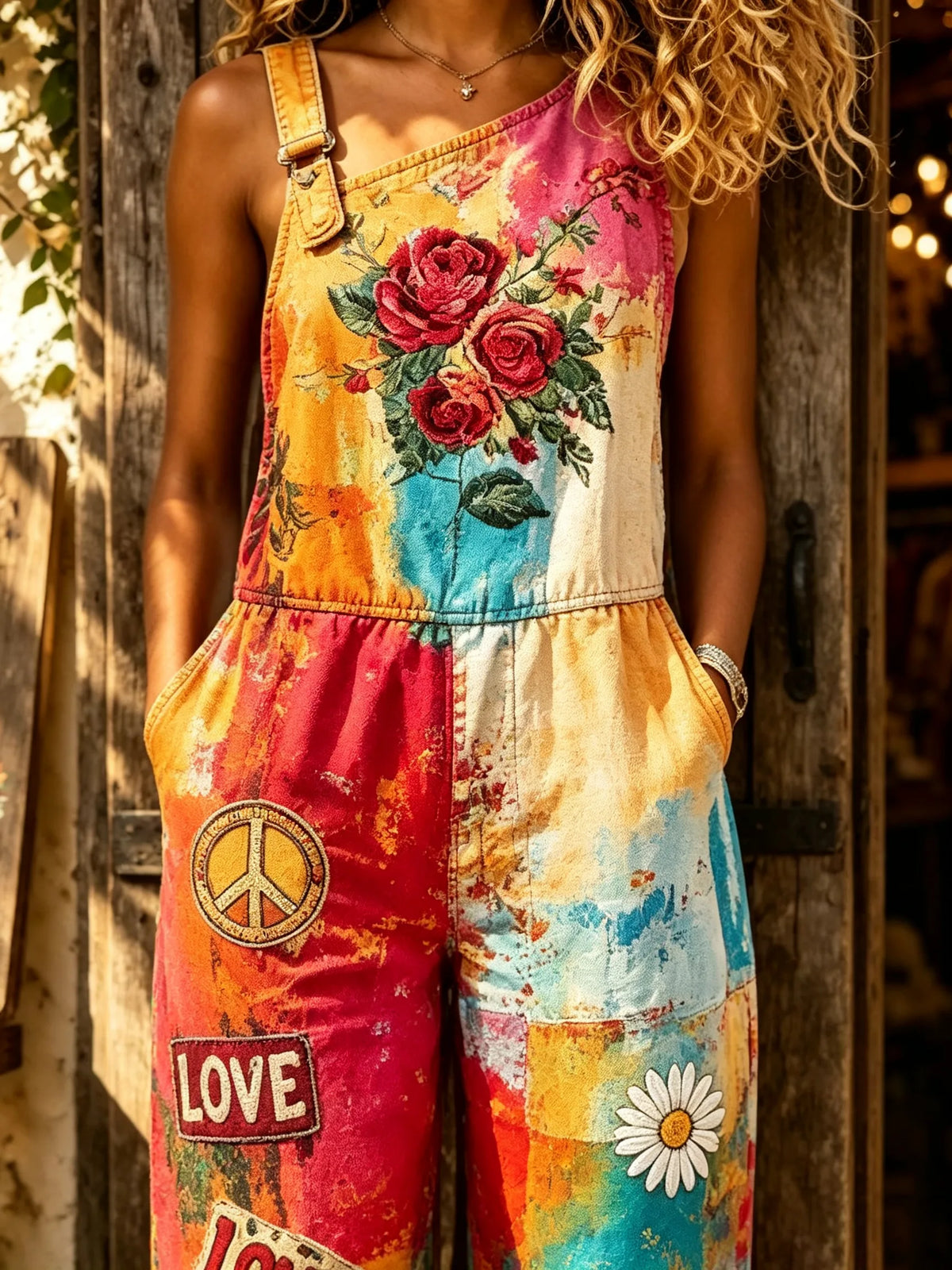 Women's Graffiti Rose Peace Sign One Shoulder Overall Jumpsuit