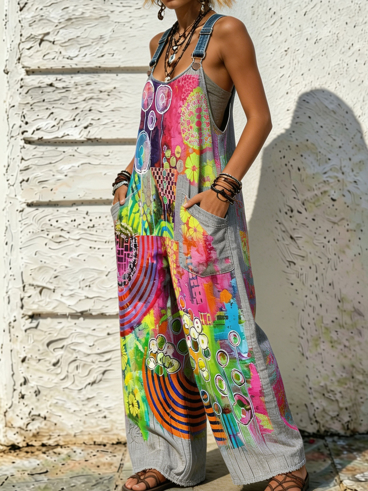 Women's Vibrant Abstract Art Print Adjustable Strap Wide Leg Overalls Jumpsuit
