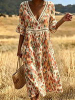 Women's Eyelet Cutout Abstract Midi Dress