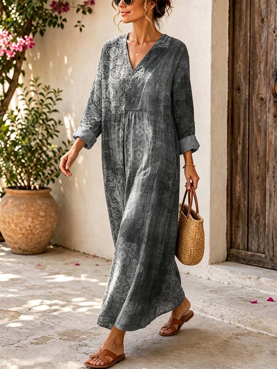 Retro Ethnic Pattern Art Print Casual V-neck Long Sleeve Cotton Linen Maxi Dress