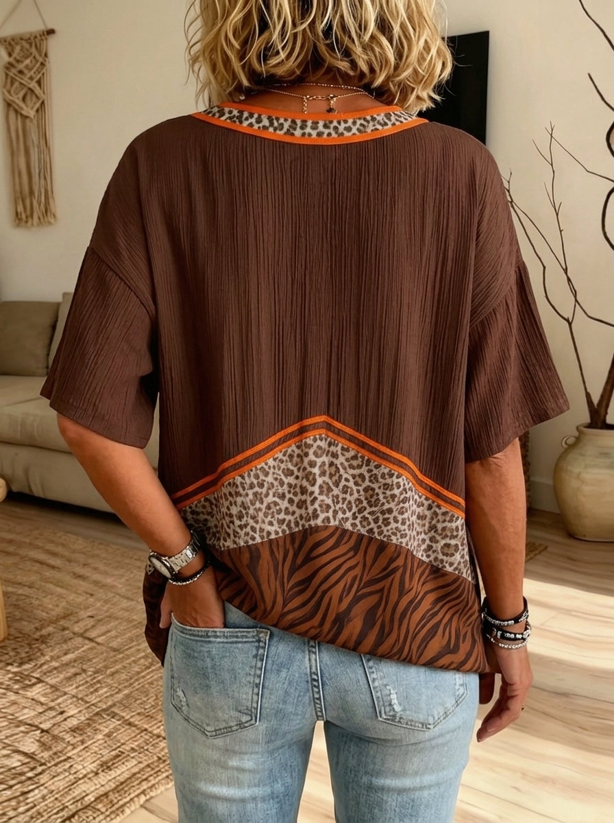 Women‘s Leopard Zebra Color Block V Neck Short Sleeve Crinkle Blouse