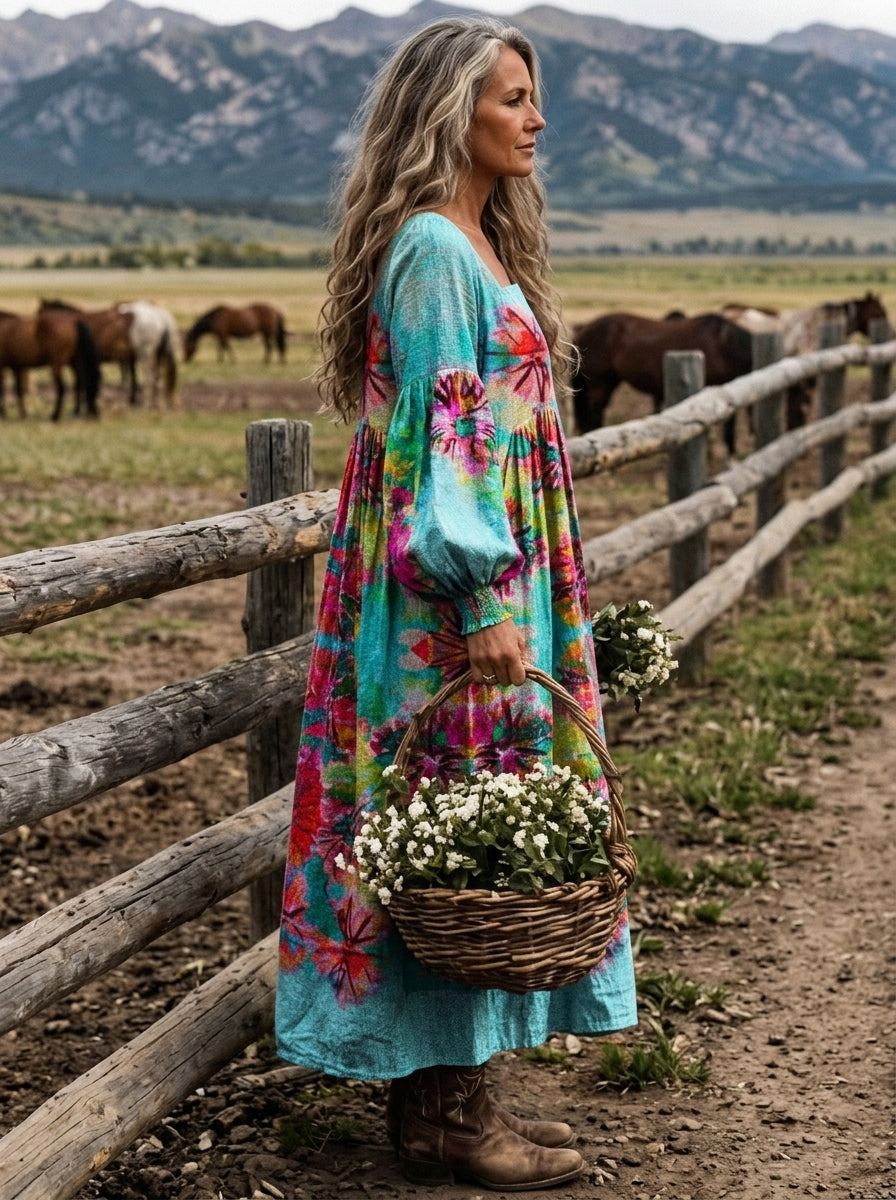 Women‘s Vibrant Watercolor Floral Square Neck Balloon Sleeve Boho Midi Dress