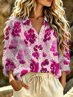 Women's Pink Floral Polka Dot Art Print Casual Long Sleeve Lapel Linen Shirt