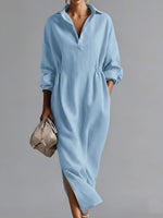 Women's Solid Color Lapel Long-sleeved Casual Loose Cotton Dress