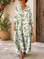 Retro Floral Pattern Art Print Casual V-neck Long Sleeve Cotton Linen Maxi Dress