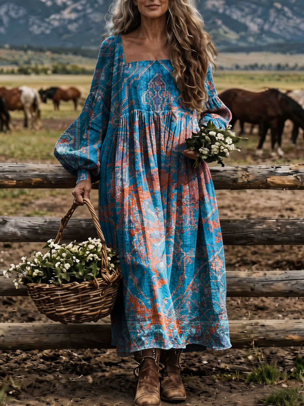Women‘s Boho Ethnic Geometric Square Neck Balloon Sleeve Midi Dress
