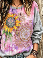 Women's Watercolor Sun Peace Symbol Mandala Crew Neck Long Sleeve Sweatshirt