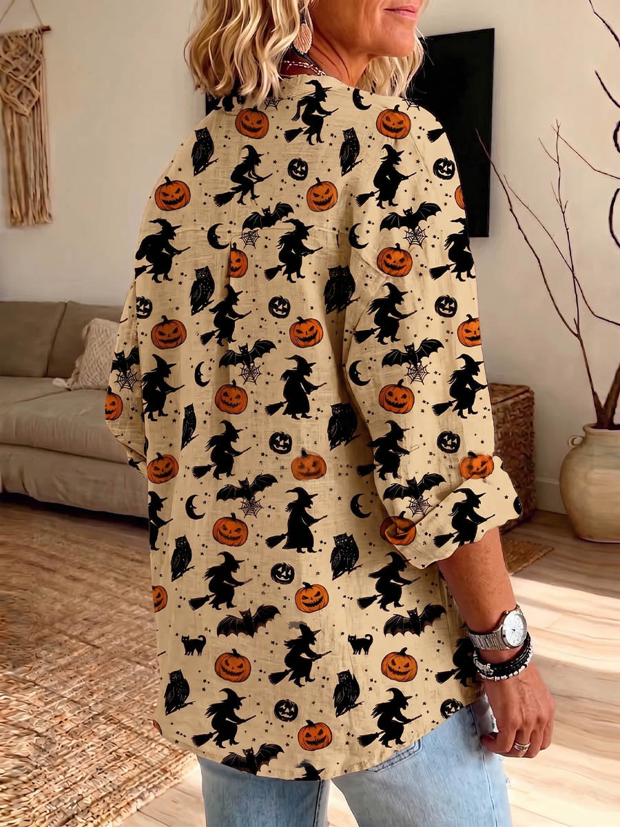 Vintage Elegant Button Long Sleeve Cotton And Linen Pumpkin Print Shirt