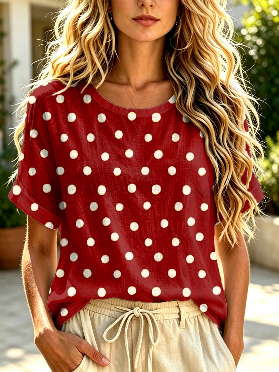 Women's Polka Dot Art Print Casual Short Sleeve Linen T-Shirt