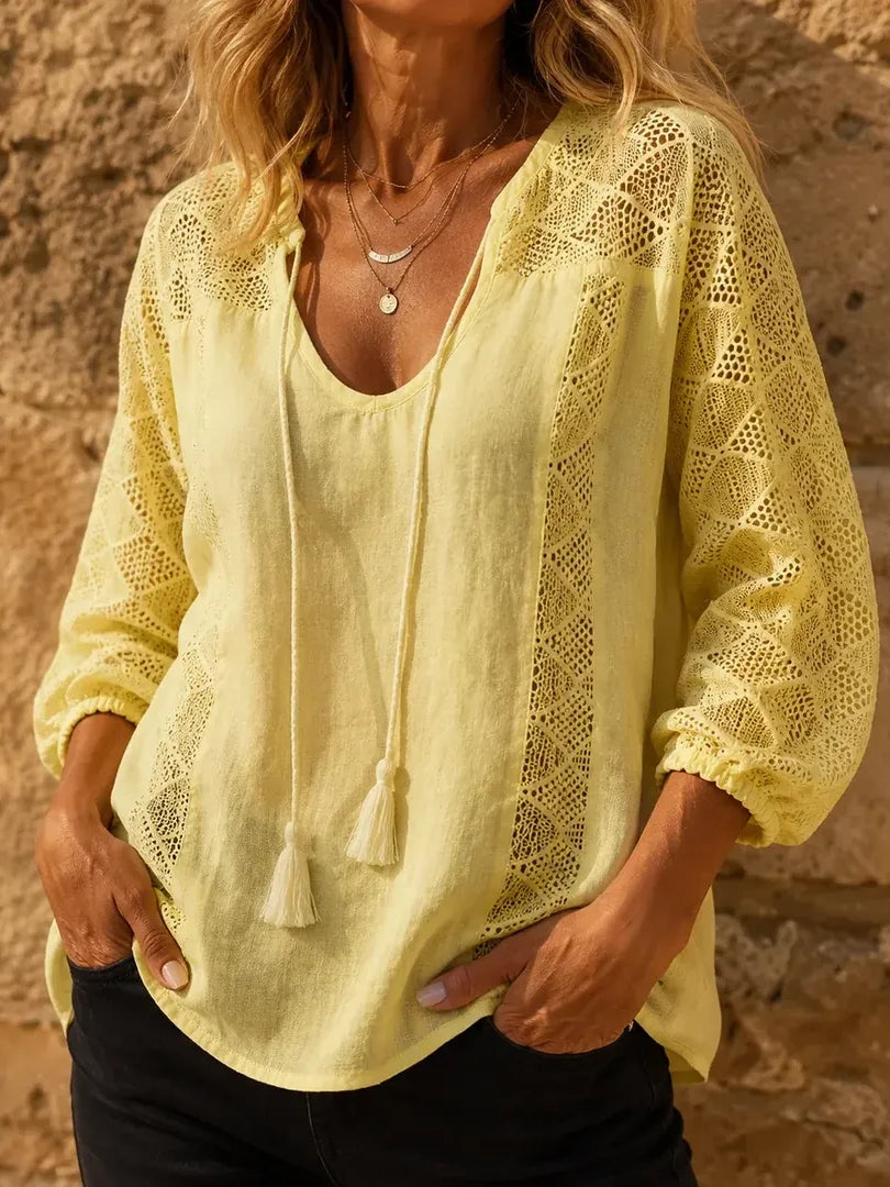 Women's Crochet Eyelet Tassel Blouse