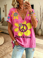 Women's Hot Pink Peace Daisy Hippie Art Print V-Neck Loose Short Sleeve Tee