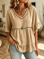 Women's Cutout Fringe Linen Blouse