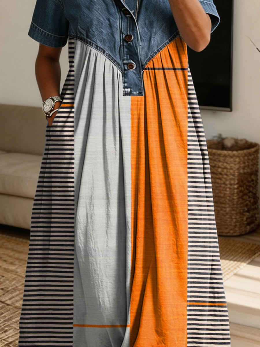 Geometric Stripe Pattern Art Print Casual Stylish Lapel Denim Patchwork Dress