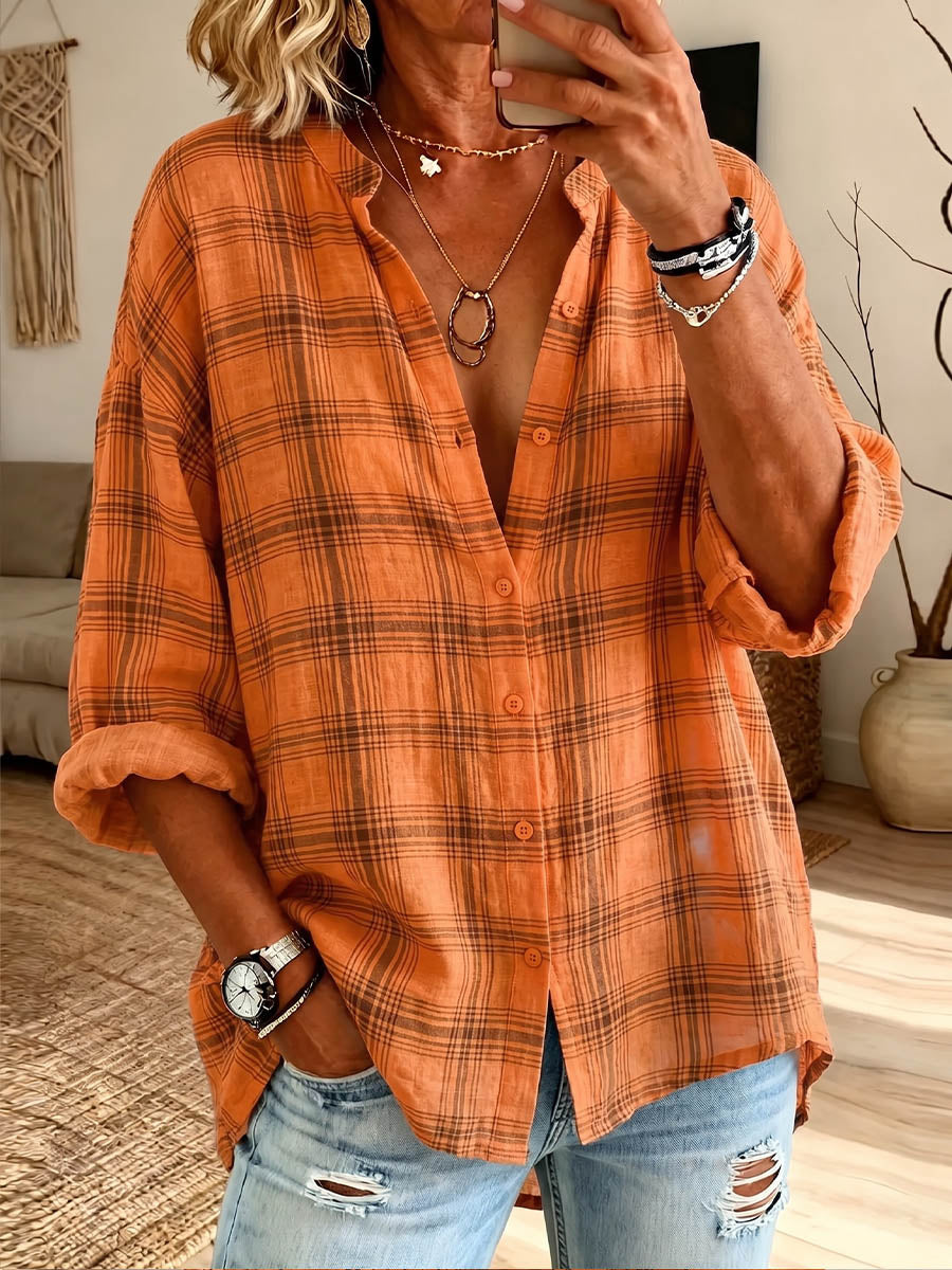 Vintage Elegant Button Long Sleeve Cotton And Linen Plaid Shirt