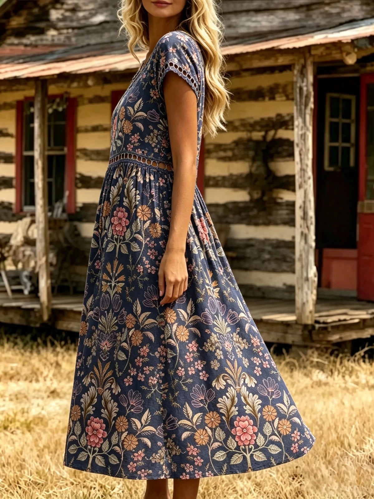 Women's Hollow Out Floral Midi Dress