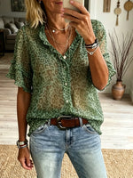 Women's Green Leopard Print Short-sleeved Shirt With Ruffled Trim