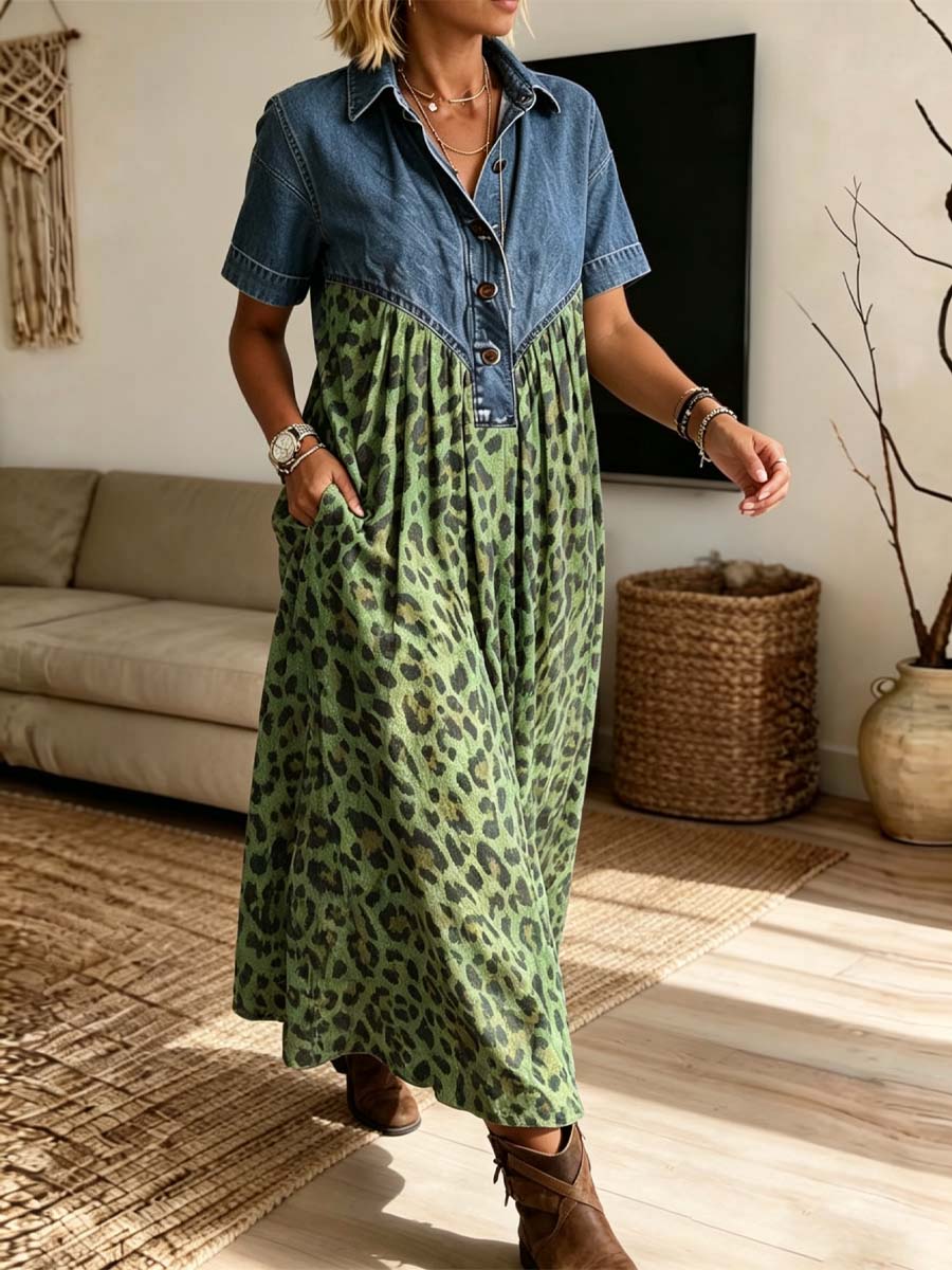 Retro Leopard Pattern Art Print Casual Stylish Lapel Denim Patchwork Dress