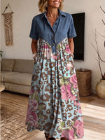 Women’s Denim Spliced Leopard Floral Print Loose Midi Dress With Pockets