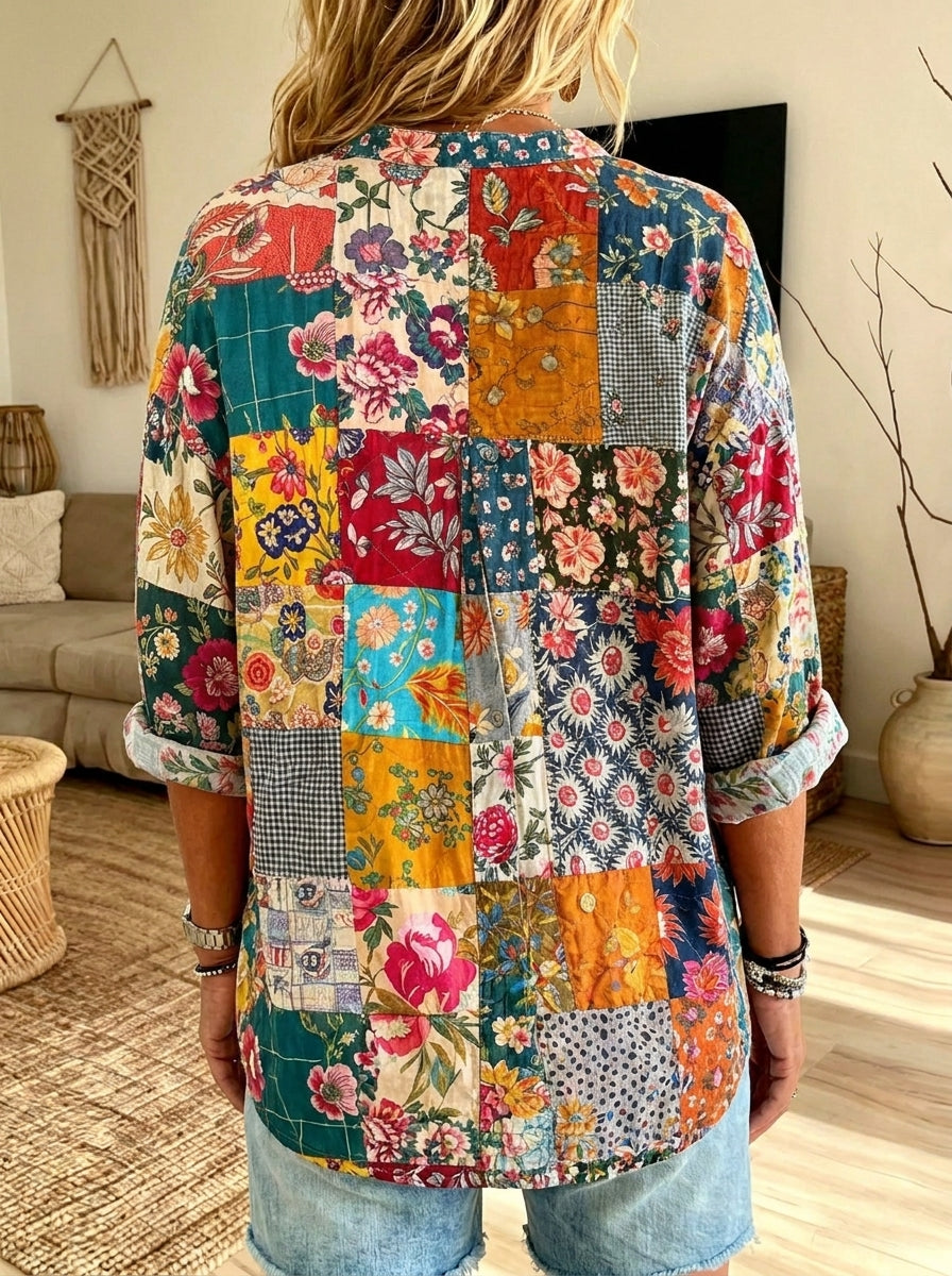 Women’s Colorful Floral Patchwork Ruffle Collar Loose Button Down Blouse