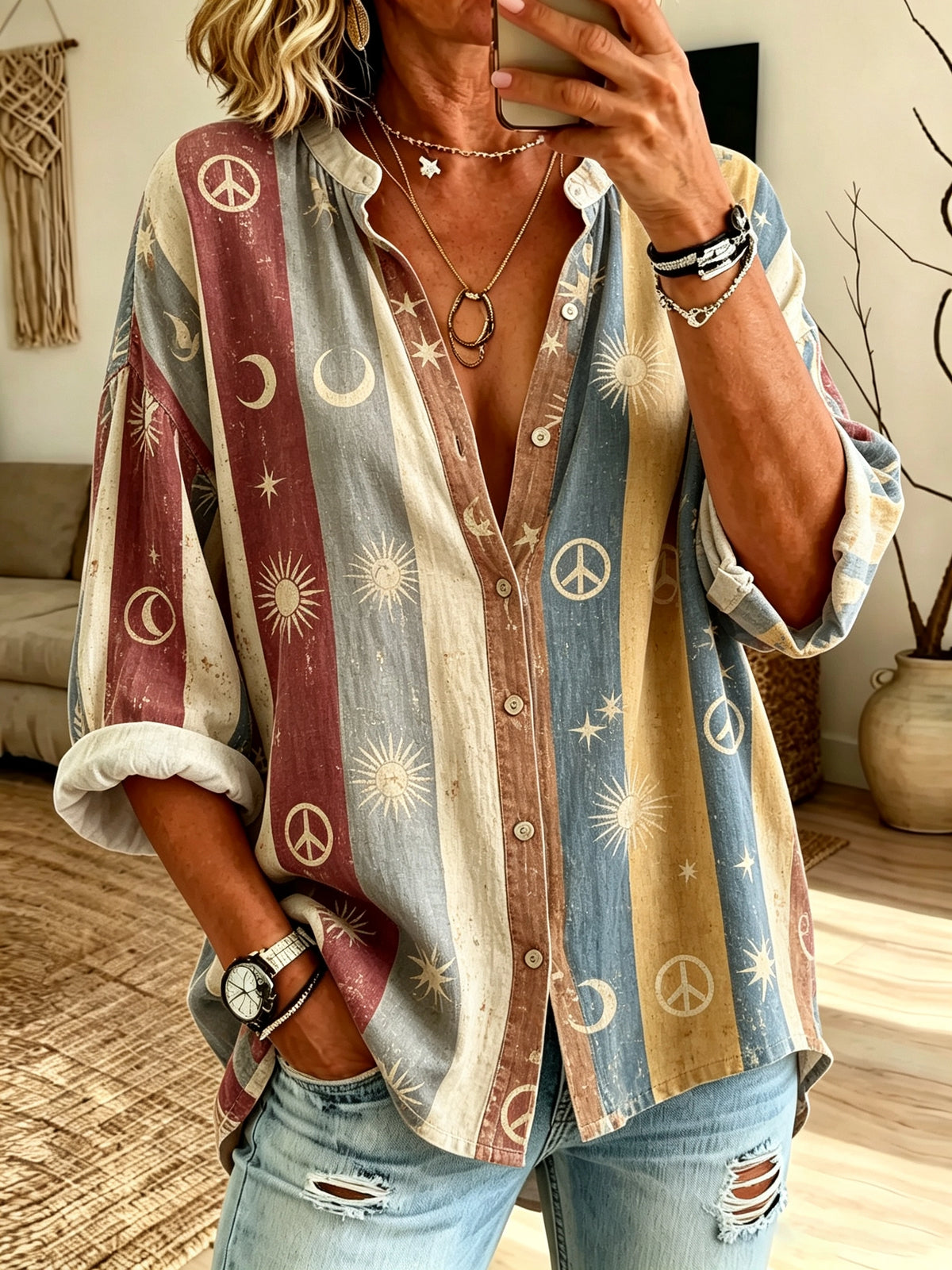Women's Celestial Peace Stripe Print Button-Down Shirt
